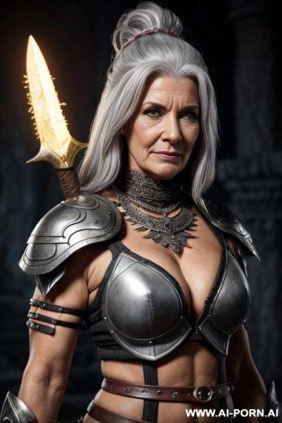 Fantasy setting, old mature female barbarian, grey hair - ai-porn.ai on pornintellect.com