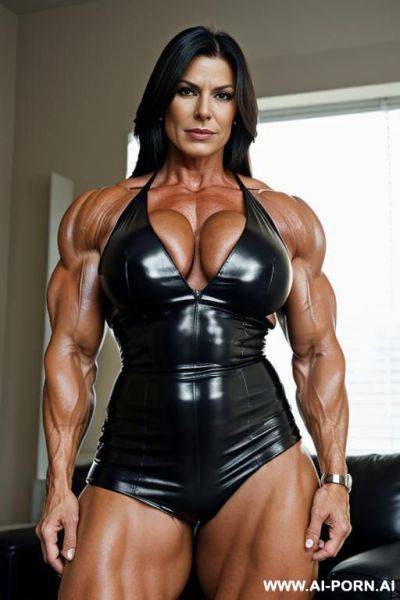 Giant, strong, muscular milf in full leather showing her biceps, in push setting - ai-porn.ai on pornintellect.com