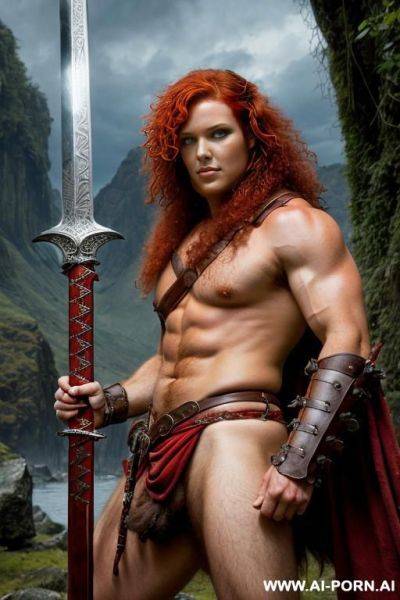 Fantasy setting, barbarian, curly red hair, strong pose, holding sword, hairy red pubes - ai-porn.ai on pornintellect.com