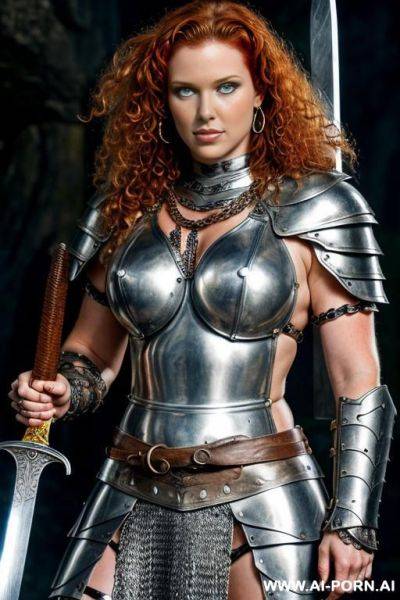 Fantasy setting, female barbarian, curly ginger hair, silver chain mail, armor, strong pose, holding sword, - ai-porn.ai on pornintellect.com