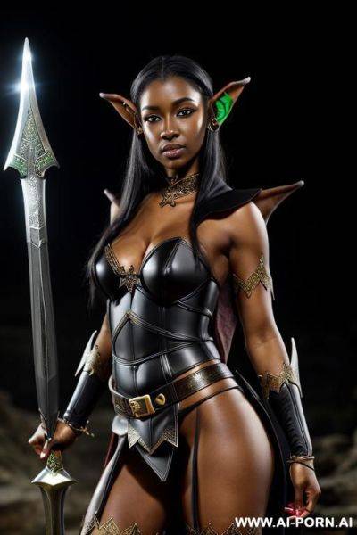 Fantasy setting, (((black skinned elf))), ((wearing elf armor)), holding sword - ai-porn.ai on pornintellect.com