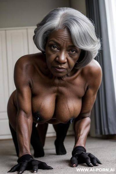 Ebony grandma, ((looking at the camera)), ((eyes contact)), old skin, old face, cruel woman, topless, no panties, shows hairy pussy, femdom woman, full body view, black gloves, on all fours - ai-porn.ai on pornintellect.com