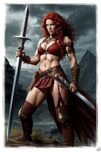 Fantasy setting, barbarian, curly red hair, strong pose, holding sword, - ai-porn.ai on pornintellect.com