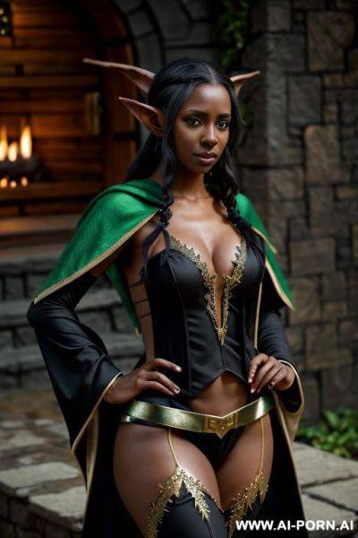 Fantasy setting, (((black skinned elf))), ((wearing elf robes, )), holding bow - ai-porn.ai on pornintellect.com