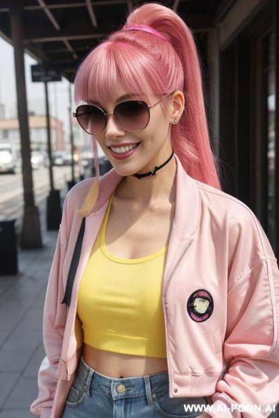 1, soft facial features, h, dyed pink hair that she ties back with ribbon into a high ponytail with blunt bangs and two strands that frame her face. she wears an open yellow varsity - ai-porn.ai - Poland on pornintellect.com