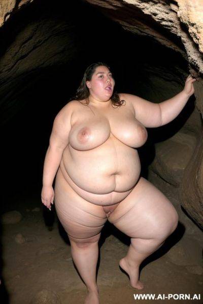 A huge fat woman, she can hardly walk she is so fat, huge obese body, she is naked, a man is sucking on her big tits, they are inside a big dark cave - ai-porn.ai on pornintellect.com