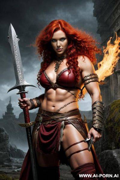 Fantasy setting, barbarian, curly red hair, strong pose, holding sword - ai-porn.ai on pornintellect.com