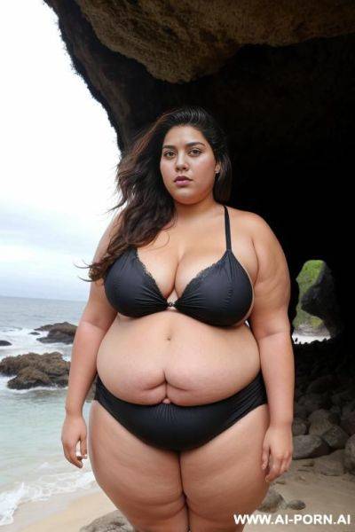 A huge fat woman, she can hardly walk she is so fat, huge obese body, she is wearing a huge black bikini, she is standing by a cave by the ocean - ai-porn.ai on pornintellect.com