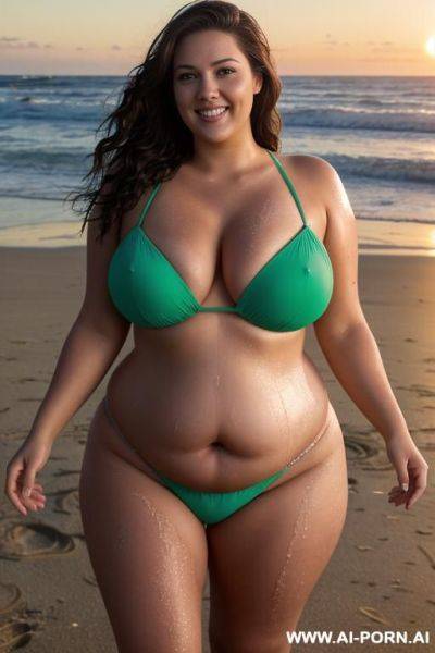 Beach, sea in the background, high waves, windy, sunset, footprints in the sand, shells in the sand, wet, water on the body, naked, fat figure, fat, fat woman, 1 woman, gigantic breasts, - ai-porn.ai on pornintellect.com