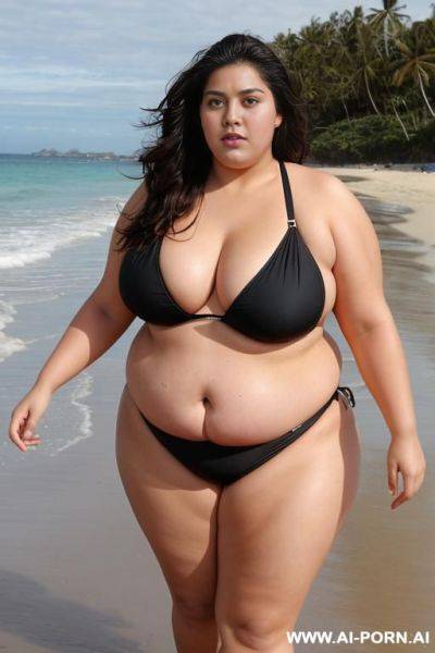 A huge fat woman, she can hardly walk she is so fat, huge obese body, she is wearing a huge black bikini, she is walking on the beach, she is so fat - ai-porn.ai on pornintellect.com