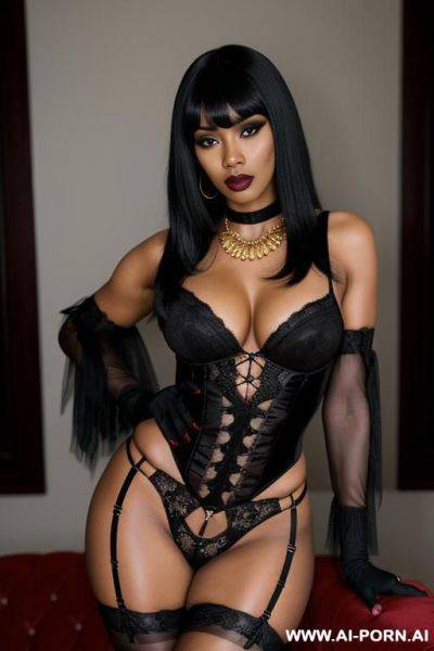 Black lipstick, black skin masculine woman, masculine woman, mature, heavy eye make up, long black hair, red and black lace garter belt, red lace stockings, black bodysuit, black gloves, gold key necklace - ai-porn.ai on pornintellect.com