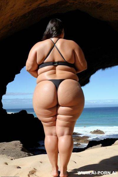 A huge fat woman, she can hardly walk she is so fat, huge obese body, she is wearing a huge black bikini, she is standing by a cave by the ocean, back view, view from behind her - ai-porn.ai on pornintellect.com