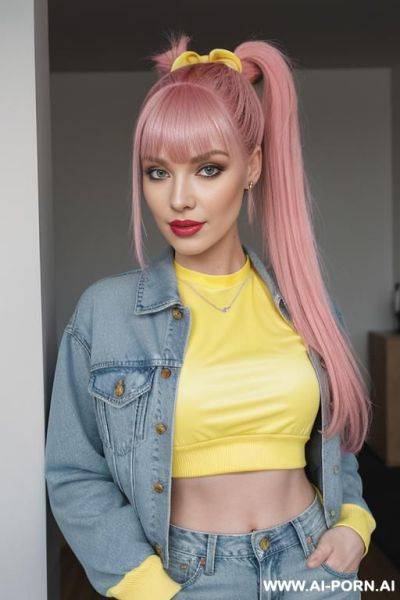 1, soft facial features, skin, dyed pink hair that she ties back with ribbon into a high ponytail with blunt bangs and two strands that frame her face. she wears an open yellow varsity - ai-porn.ai - Poland on pornintellect.com