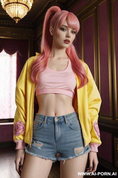 Has pink eyes and a dyed pink hair that she ties back with ribbon into a high ponytail with blunt bangs and two strands that frame her face. she wears an open yellow varsity jacket, crop top, denim shorts, sneakers. - ai-porn.ai on pornintellect.com