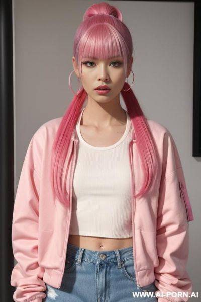 1, soft facial features, h, dyed pink hair that she ties back with ribbon into a high ponytail with blunt bangs and two strands that frame her face. she wears an open yellow varsity jacket, crop top, denim shorts, sneakers, yellow nail polish. - ai-porn.ai - Poland on pornintellect.com