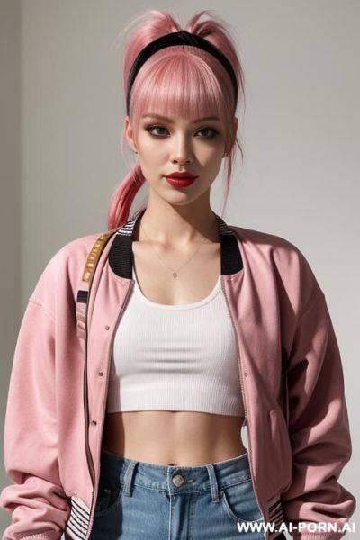 1, soft facial features, skin, dyed pink hair that she ties back with ribbon into a high ponytail with blunt bangs and two strands that frame her face. she wears a varsity jacket, crop top, denim shorts, sneakers. she is slightly smirking with her lips. - ai-porn.ai on pornintellect.com