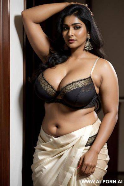 Indian woman, very dark skin, long black hair, massive breasts, (((very thick arms))), extremely thick upper_arms, massive boobs, hairy pussy, black armpit hair, wearing white lingerie - ai-porn.ai - India on pornintellect.com