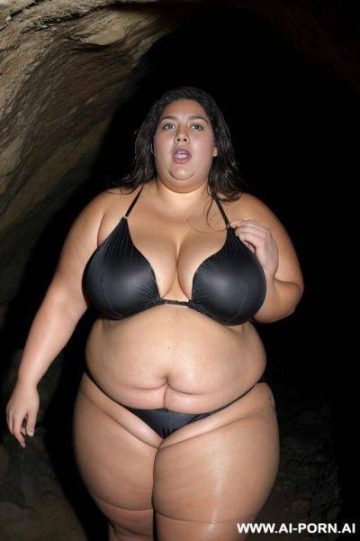 A huge fat woman, she can hardly walk she is so fat, huge obese body, she is wearing a huge black bikini, she is inside a very dark cave, a man is pulling her top off with his hands, she is fighting him off of her - ai-porn.ai on pornintellect.com