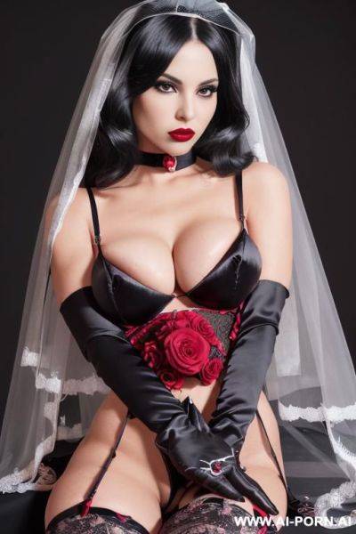 ((naked body)), ((shaved pussy)), agressive makeup, red lipstick, ( skin), (((black stockings))), (((black satin elbow lenght gloves))), (((black bride veil))), ((pressing large bouquet of red roses to her chest)) - ai-porn.ai on pornintellect.com