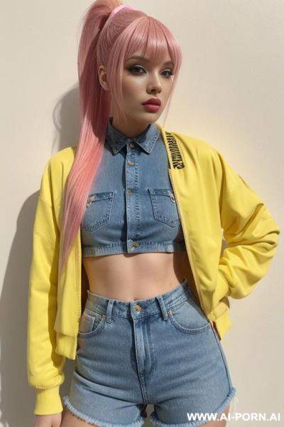 1, soft facial features, skin, skin, dyed pink hair that she ties back with ribbon into a high ponytail with blunt bangs and two strands that frame her face. she wears an open yellow - ai-porn.ai - Poland on pornintellect.com