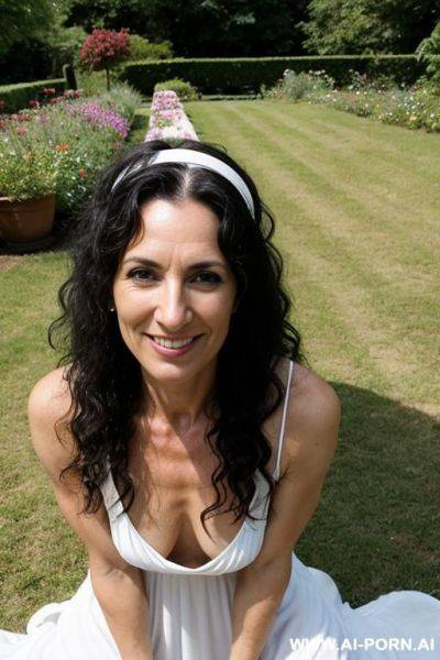 Beautiful fifty years old yoga teacher, hairband, orgy, fucking, extremely hairy pussy, very long curly black hair, flower garden, group orgy, fucking, big nose, seductive, sexy pose, white cotton long dress, - ai-porn.ai on pornintellect.com