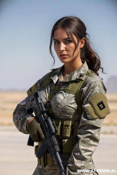 Skin: olive tanned (place: military base in desert), (sexy), dark curls, wearing bandolier, grenades, explosives - ai-porn.ai on pornintellect.com