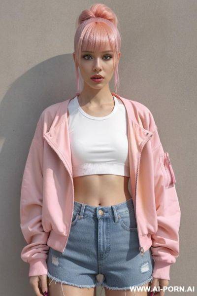 1, soft facial features, skin, dyed pink hair that she ties back with ribbon into a high ponytail with blunt bangs and two strands that frame her face. she wears an open yellow varsity jacket, yellow crop top, denim shorts, sneakers, yellow nail polish. - ai-porn.ai - Poland on pornintellect.com