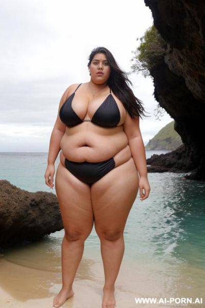 A huge fat woman, she can hardly walk she is so fat, huge obese body, she is wearing a huge black bikini, she is standing by a cave by the ocean, back view - ai-porn.ai on pornintellect.com