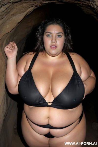 A huge fat woman, she can hardly walk she is so fat, huge obese body, she is wearing a huge black bikini, she is inside a very dark cave, a man is tearing her top off, her big tits are out - ai-porn.ai on pornintellect.com