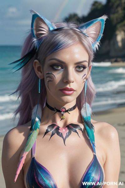 Face, sexy, beautiful, ((evil woman)), ((face painting)), ((body painting)), ((bikini as seashell)), ((fantasy bikini)), ((roses)), ((eyes shw)), ((angel wings)), ((choker)), ((rainbow hair)), (( makeup)), - ai-porn.ai on pornintellect.com