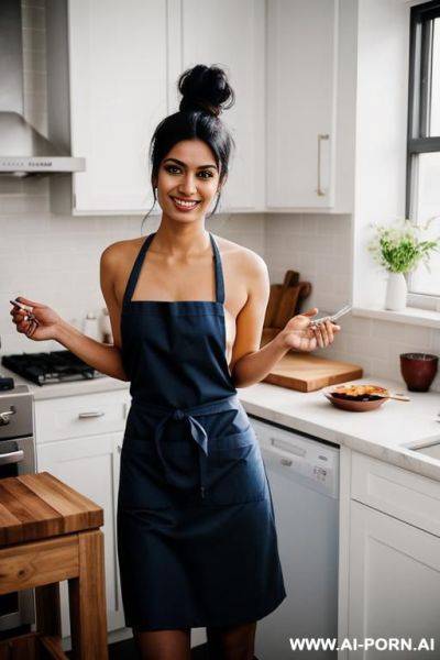 White skin coloured indian woman cooking in the kitchen naked with apron. - ai-porn.ai - India on pornintellect.com