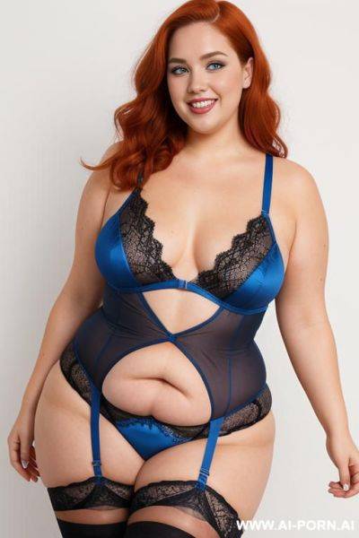 Full body photo studio shot, about a fat bbw curvy woman with some love handless and big tummy, with s on the body, wearing a sexy and hot blue lace stocking lingeries. - ai-porn.ai on pornintellect.com