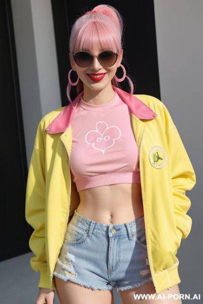 1, dyed pink hair that she ties back with ribbon into a high ponytail with blunt bangs and two strands that frame her face. she wears an open yellow varsity jacket, crop top, denim - ai-porn.ai - Poland on pornintellect.com