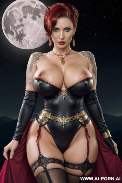 Goddess of universe, firey wings, (((show curvy boobs, pussy))), red hair, strapless red dress, ruby earrings, ruby necklace, (((gold shoulder armor))), gold bracelets, space temple - ai-porn.ai on pornintellect.com