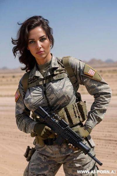 Skin: olive tanned (place: military base in desert), (sexy), dark curls, wearing bandolier - ai-porn.ai on pornintellect.com