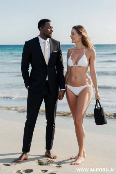 White woman with his husband in beach surrounded with black man - ai-porn.ai on pornintellect.com