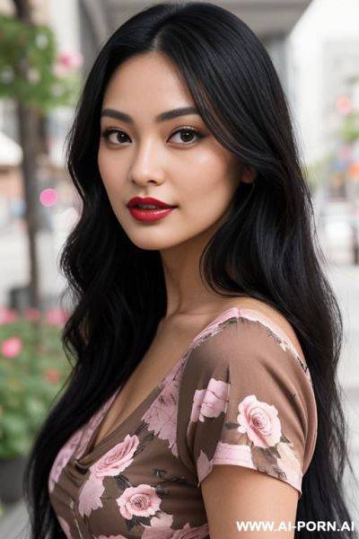 "create a portrait of a woman with long black hair, deep brown eyes, and a m tan complexion. she has a natural blush, full lips with rose-red lipstick, and subtle makeup. she’s wearing a - ai-porn.ai on pornintellect.com