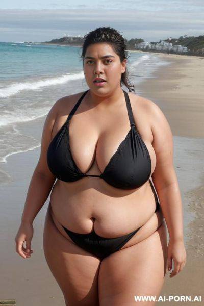 A huge fat woman, she can hardly walk she is so fat, huge obese body, she is wearing a huge black bikini, she is walking on the beach, she is so fat - ai-porn.ai on pornintellect.com