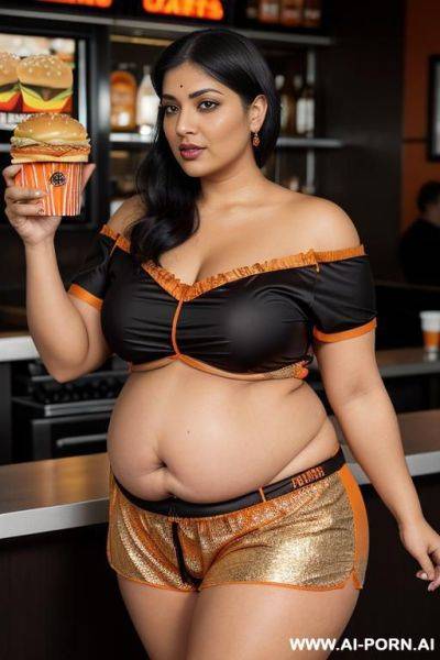 Standing gy style, bbw, very large belly, stuffed, eating, food, bloated, messy, too tight, muffin top, love handles - ai-porn.ai on pornintellect.com