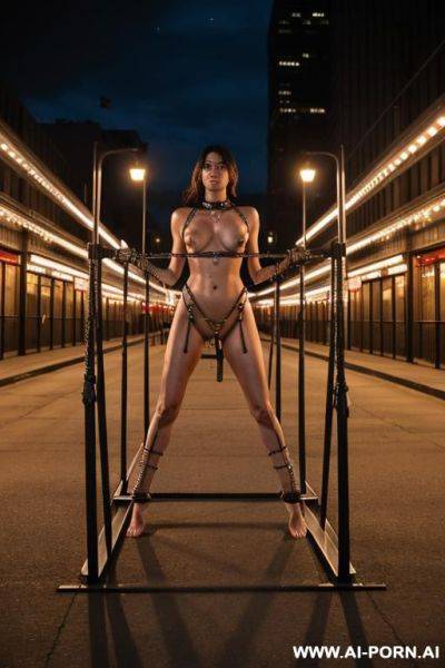 Totally naked, barefoot, pussy, bondage, tied, metal restraints, chains, bars, fetters, metal collar, stand, spread wide, night, city plaza - ai-porn.ai on pornintellect.com