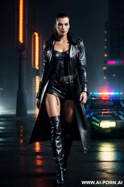 Female bladerunner detective ((shredded physique)) in a rainy city, large stone buildings in background, neon lights ((wearing a long leather duster coat)) - ai-porn.ai on pornintellect.com
