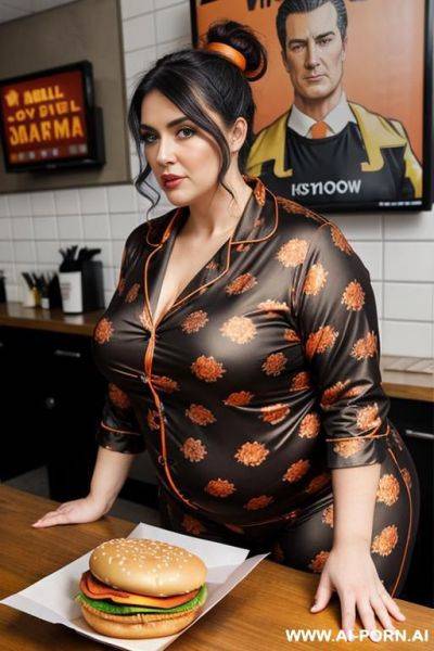 Standing gy style, bbw, very large belly, stuffed, eating, food, bloated, messy, too tight, muffin top, love handles, pose:on all fours, belly down - ai-porn.ai on pornintellect.com