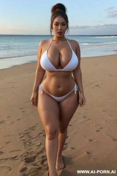 Massive tits, massive ass, big hips, big waist, micro bikini suit, two woman, more big boobs, beautiful woman, no bra, more big hips, full body picture, ponytail hair - ai-porn.ai on pornintellect.com