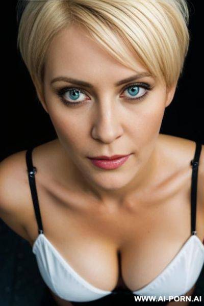 On her knees, eye contact, from above, begging face, big eyes, short hair, blonde hair - ai-porn.ai on pornintellect.com