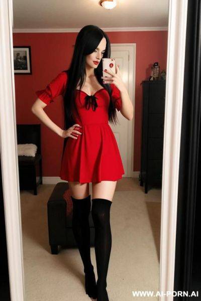 Woman long hair red dress knee high socks black selfie photo in the mirror - ai-porn.ai on pornintellect.com