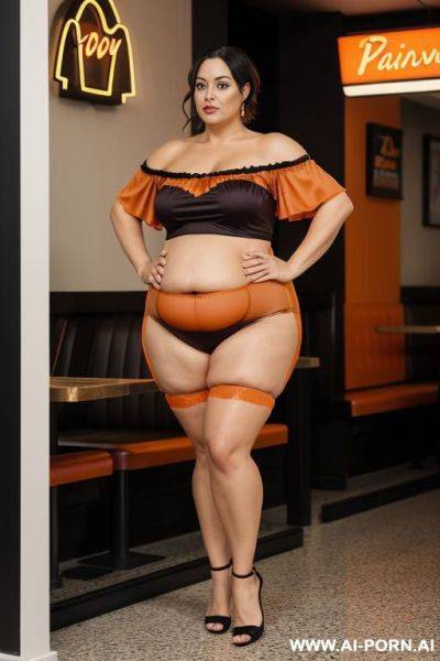 Standing gy style, bbw, very large belly, stuffed, eating, food, bloated, messy, too tight, muffin top, love handles - ai-porn.ai on pornintellect.com