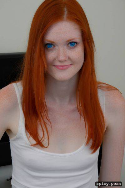 White tank top, flat chest, blue eyes, 18 yo, redhead, white - spicy.porn on pornintellect.com