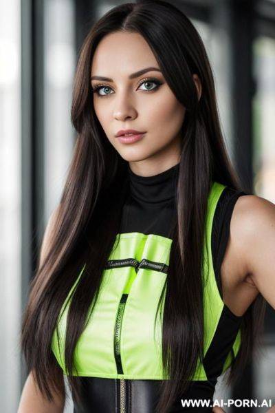 Woman, long hair, lines on her eyes, black jeans, reflective vest green - ai-porn.ai on pornintellect.com