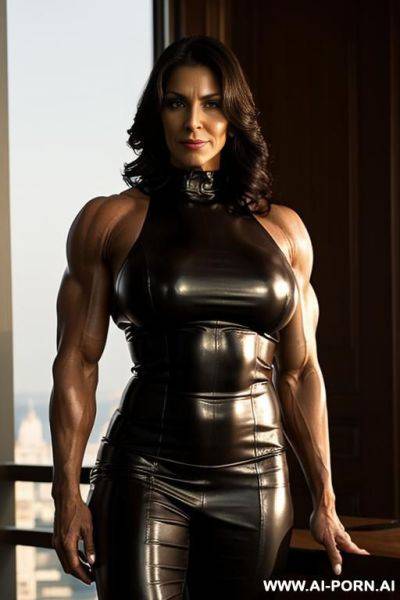 Big strong milf body building lady in leather, evening light, posh setting - ai-porn.ai on pornintellect.com