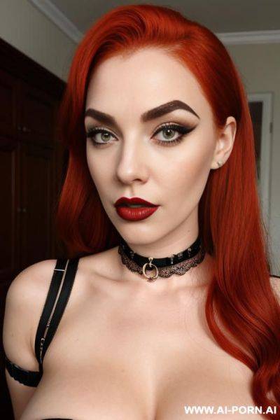 Redhead, pubic hair, tall, stockings, thick eyebrows, lip ring, choker - ai-porn.ai on pornintellect.com